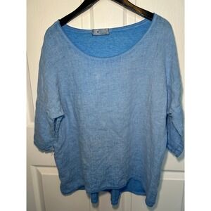 Tina‎ Stephens Blue Linen Cotton Top Made in Italy Oversized 3/4 Sleeve One Size